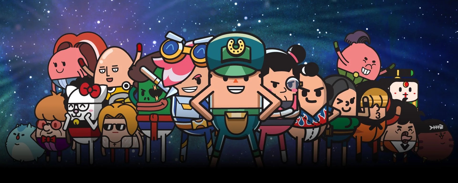 The cast of Holy Potatoes characters on a starry background